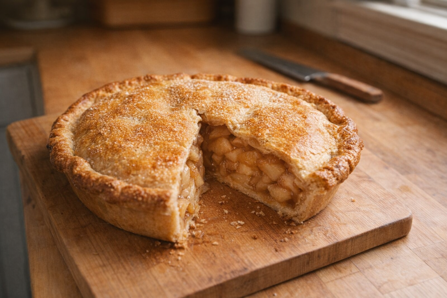 A top-down shot of a golden-brown apple pie on a wooden cutting board, with a slice removed to reveal the apple filling, warm lighting